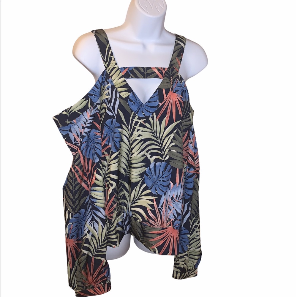 bebe Black Tropical Print Cold-Shoulder Tank with Blue, Green & Coral Leaves